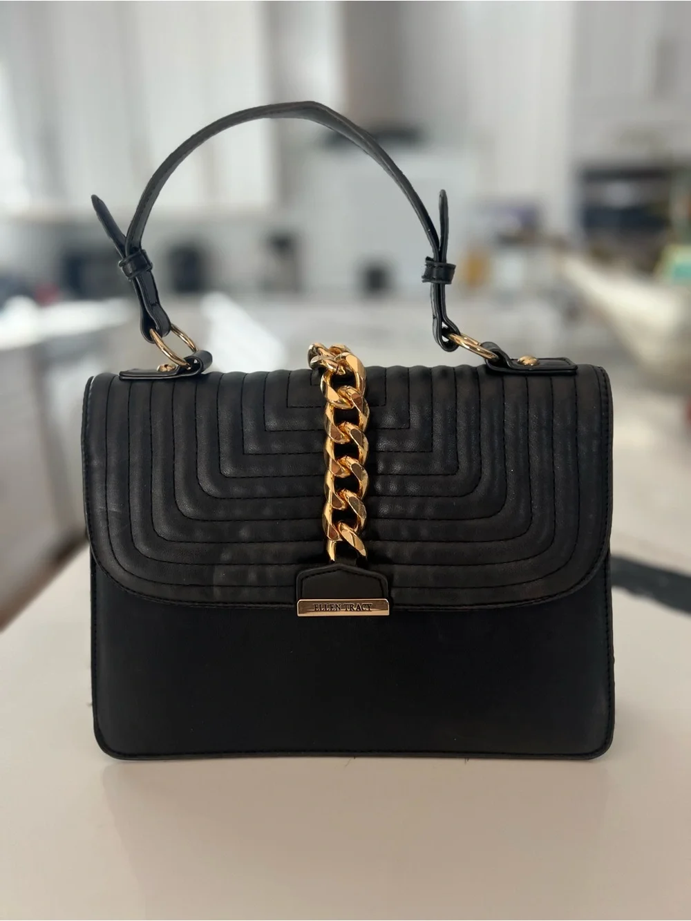 Ellen Tracy Elegant Black Quilted Top-Handle Satchel with Gold Chain Accent